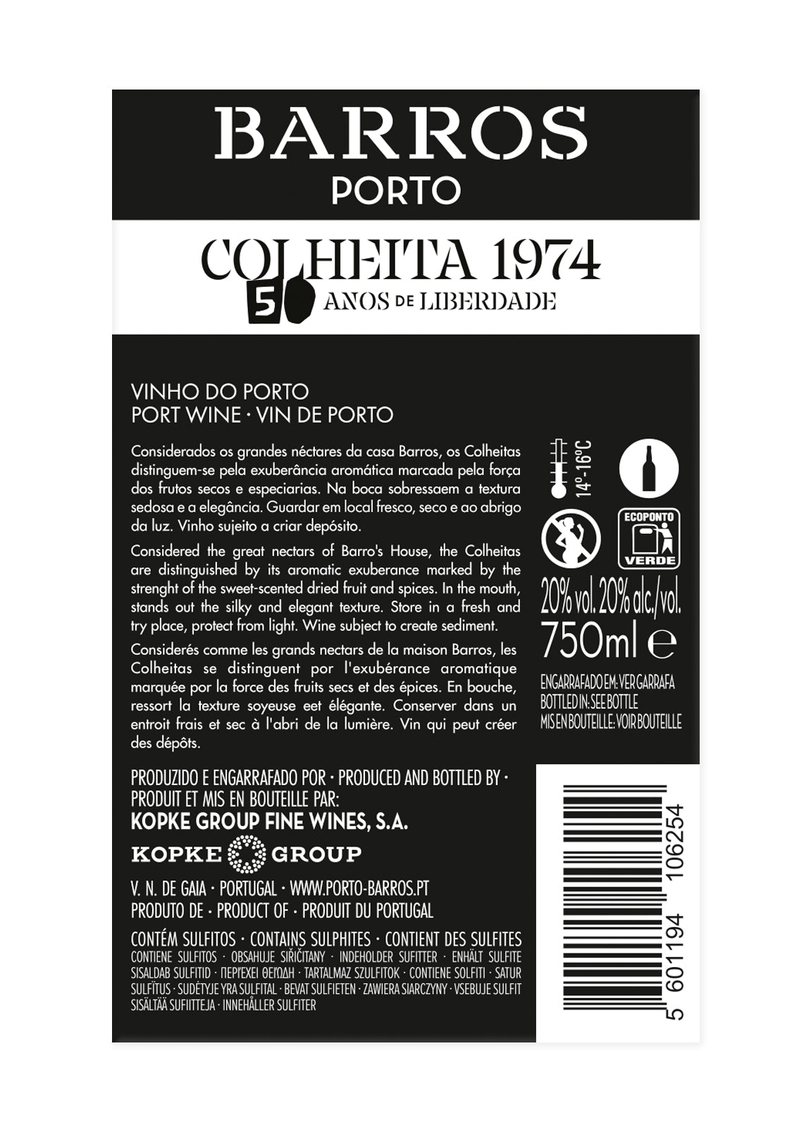 VINHO DO PORTO BARROS COLHEITA 1974 - Edição Especial 25 de Abril